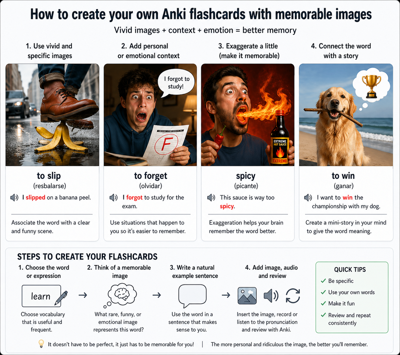 How to build your own Anki cards with memorable images, infographic with 4 examples